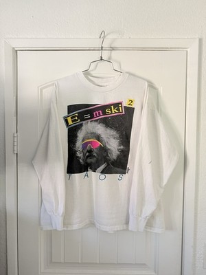 Oneita Vintage 90s White Albert Einstein Ski Paradoy Long Sleeve Shirt Size XL