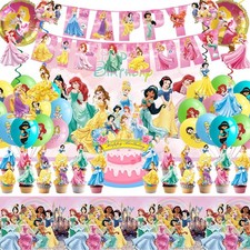 62PCS Disne Princess Party Supplies, Birthday Decorations Set Include Banner, Ba