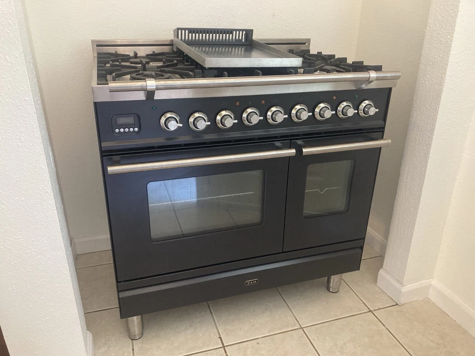 Ilve Upw 90 Fdmpm Pro Series 36" Doble Cocina de Combustible Horno Plancha Grafito Mate Foto 2 de 4