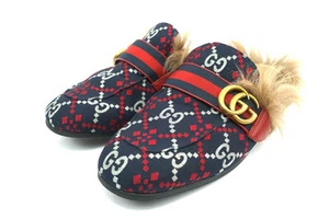 Pantoufles en fourrure GUCCI GG Diamond neuves Princetown bleu nuit taille 6