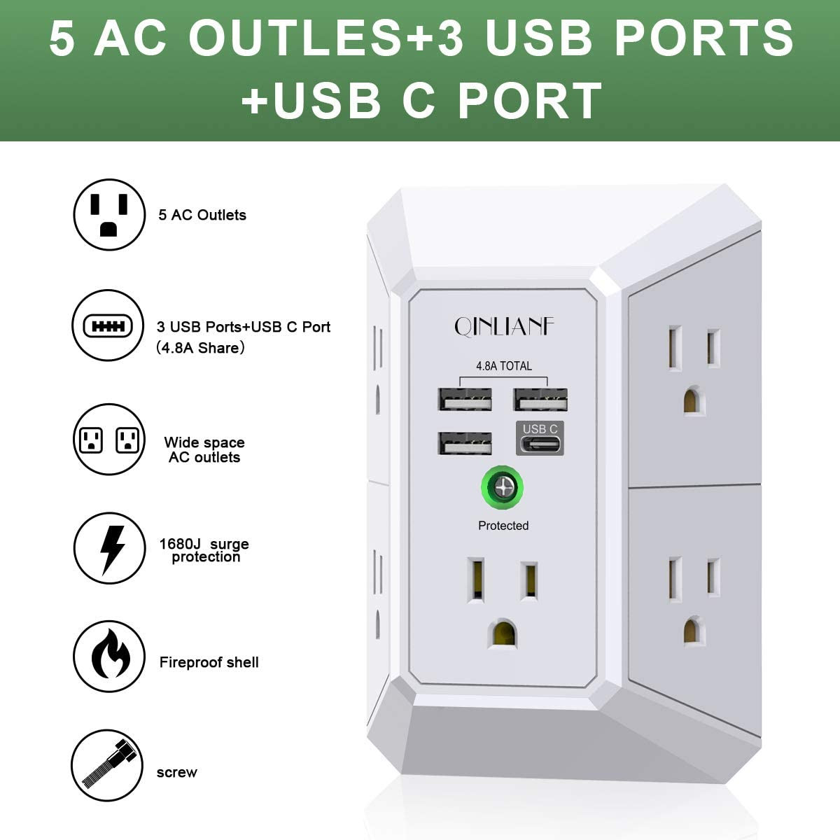 Wall Charger, Surge Protector, QINLIANF 5 Outlet Extender with 4 USB Charging Po