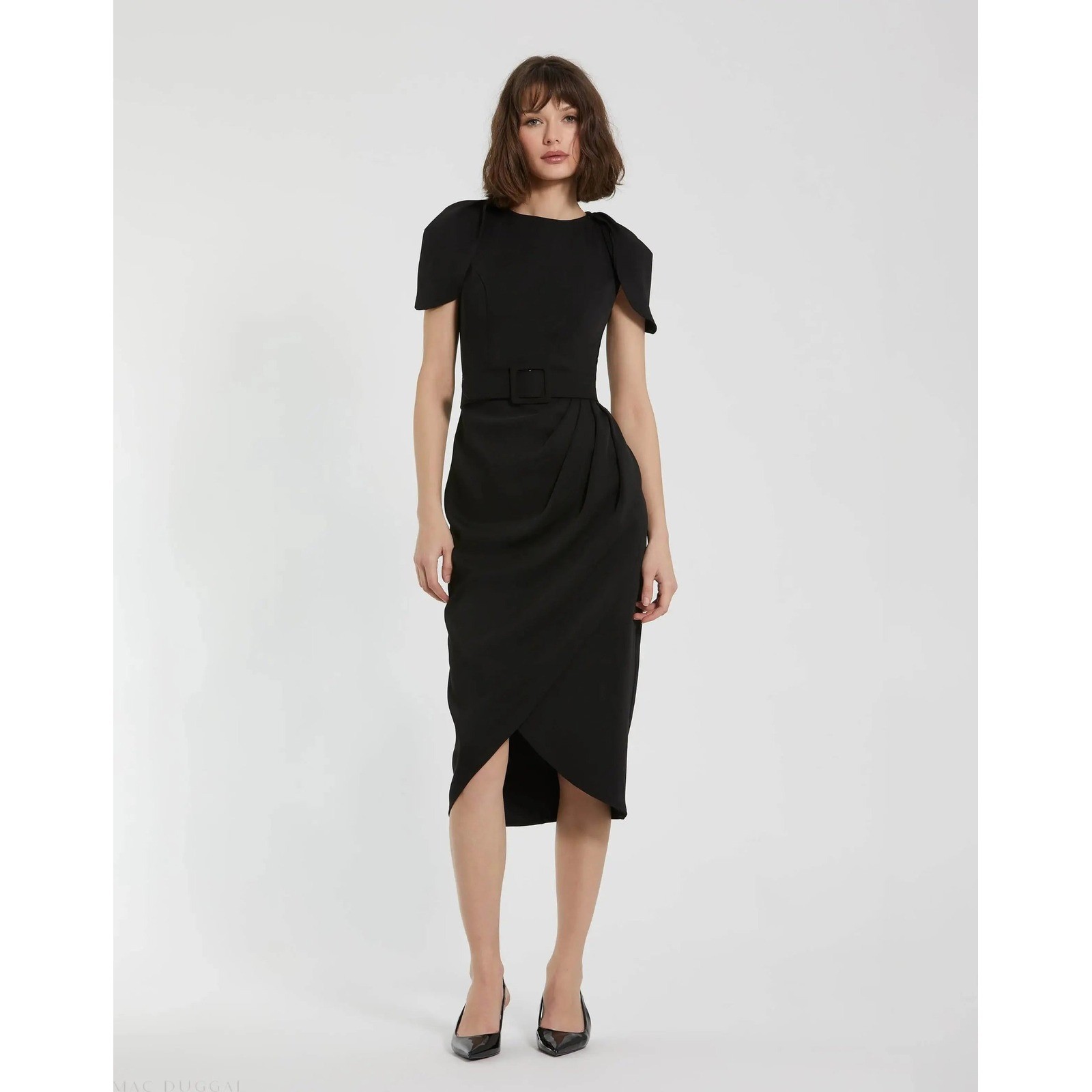 Mac Duggal Black Cap Sleeve Midi Dress Evening Formal Size 10 *BELT NOT INCLUDED