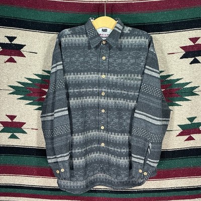 Vintage BEST Wollmischung grau geknöpftes Hemd - geometrisches Muster - Herren Large/XL