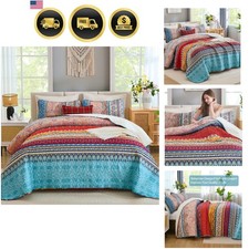 Bohemian Quilt Set Queen Size Boho Bedspread Microfiber All Season 3pcs