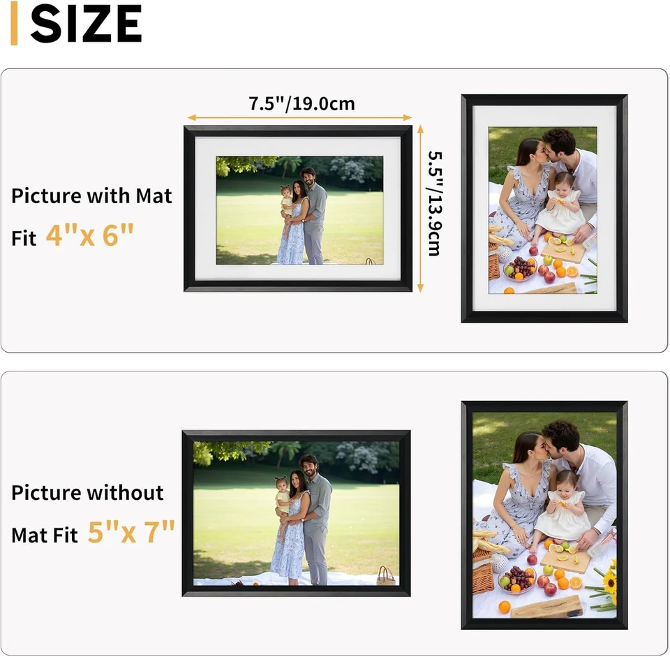 5X7 Picture Frame Set of 6, Display 4X6 Picture with Mat or 5X7 without Mat, Bla - Image 2 of 4
