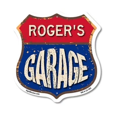 Roger's Garage Shield Shaped Sign Weather Resistant Crafted in the USA