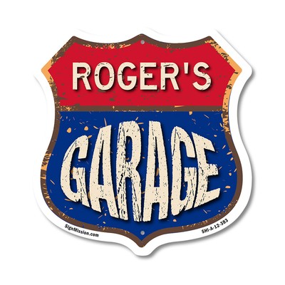 Roger's Garage Shield Shaped Sign Weather Resistant Crafted in the USA