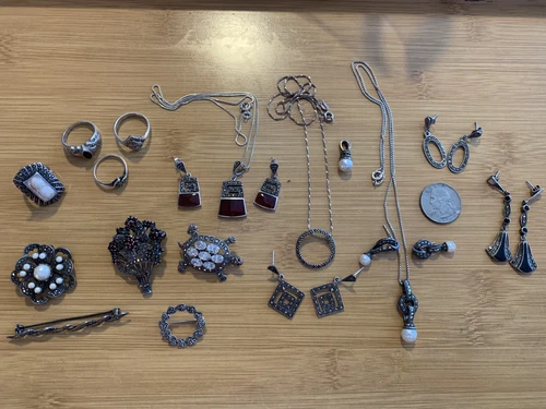 LOT VINTAGE STERLING SILVER MARCASITE NECKLACES EARRINGS RINGS BROOCHES SETS