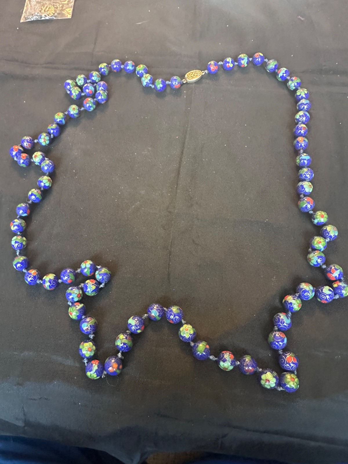 Vintage Chinese Export Cloisonné Bead Necklace Cobalt Blue Floral 925 Sterling S