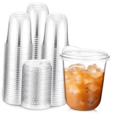 Clear Plastic Cups with Strawless Sip Lids Disposable Round Bottom 12oz 100