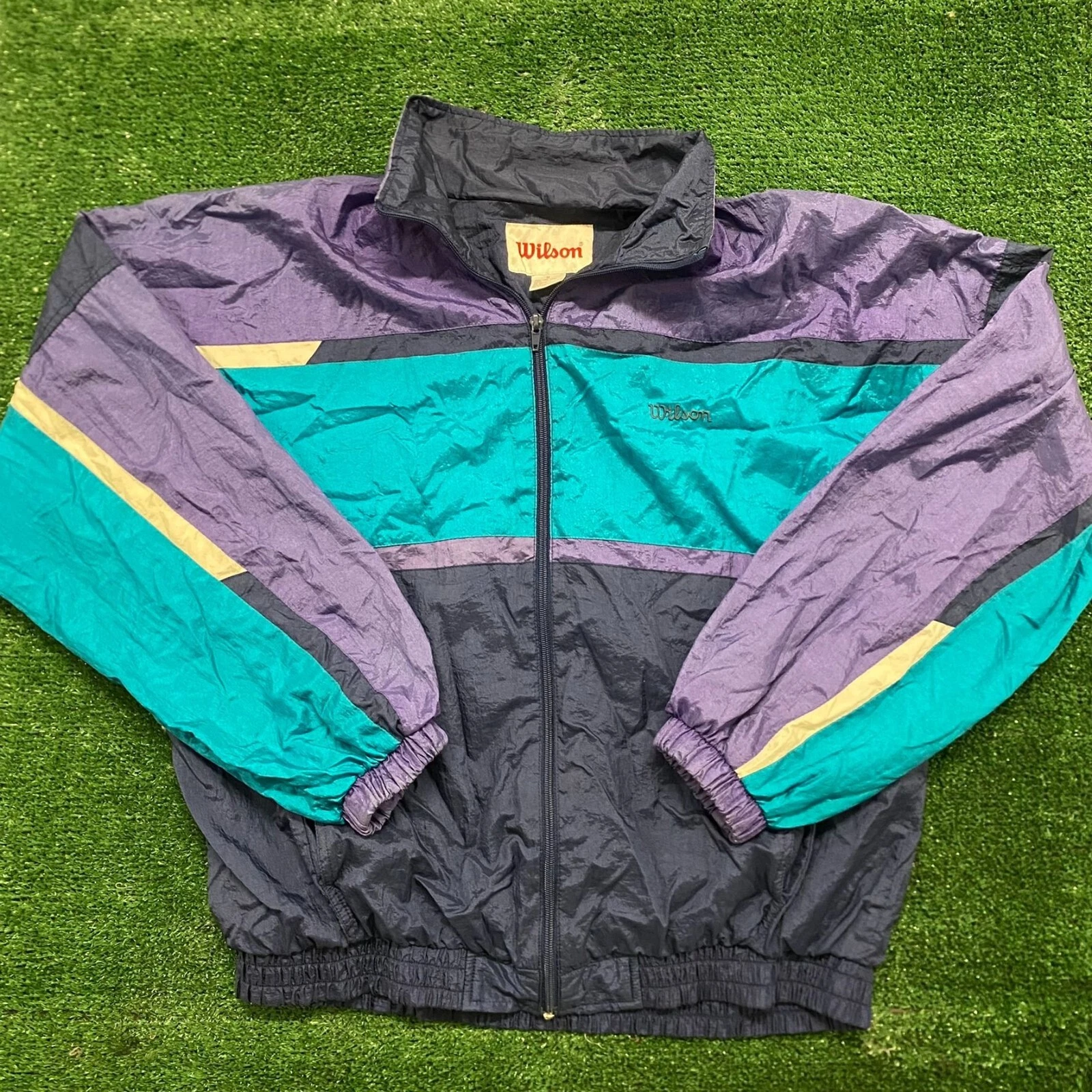 Vintage 1990s Wilson Color Block Retro Zip Athletic Windbreaker Track Jacket