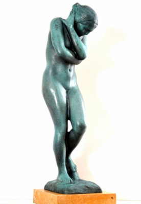 Handgefertigte Bronzeskulptur -  Akt Eva signiert A. Rodin auf Marmorplatte