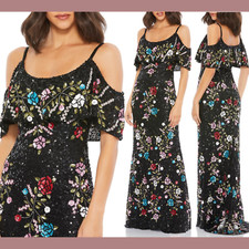NWT $598 Mac Duggal [ 6 ] Flounce Bodice Floral Beaded Gown in Black #G1288