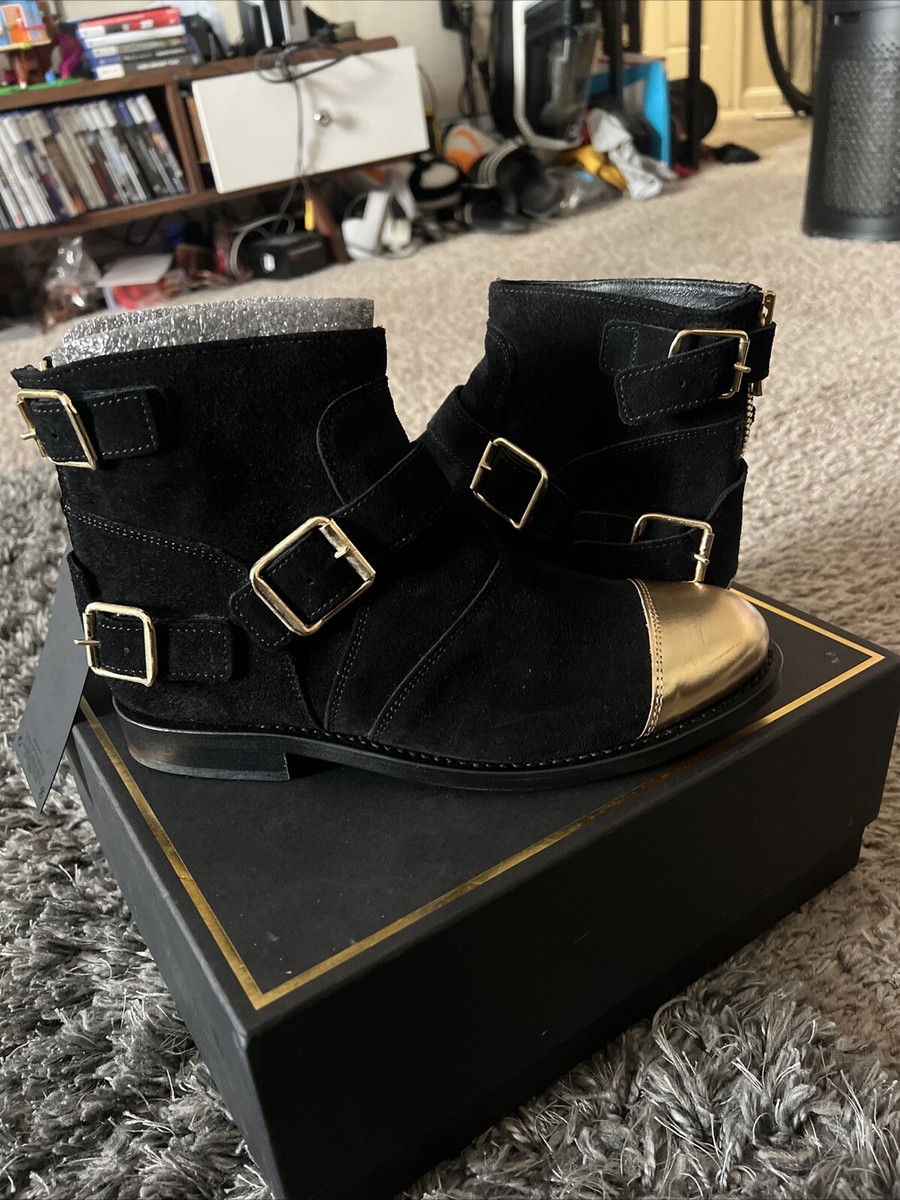 H&M Balmain Belted Gold Black Ankle Boots In Suede Sz. 39 US  display picture 2
