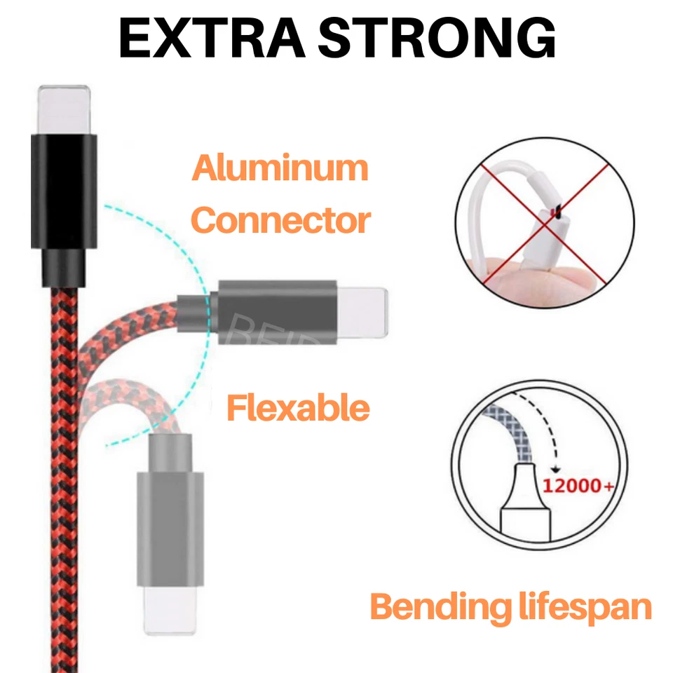 3Pack 10FT For iPhone 14 12 13 11 8 Fast Charging Data Cord Heavy Duty USB Cable - Image 3 of 4
