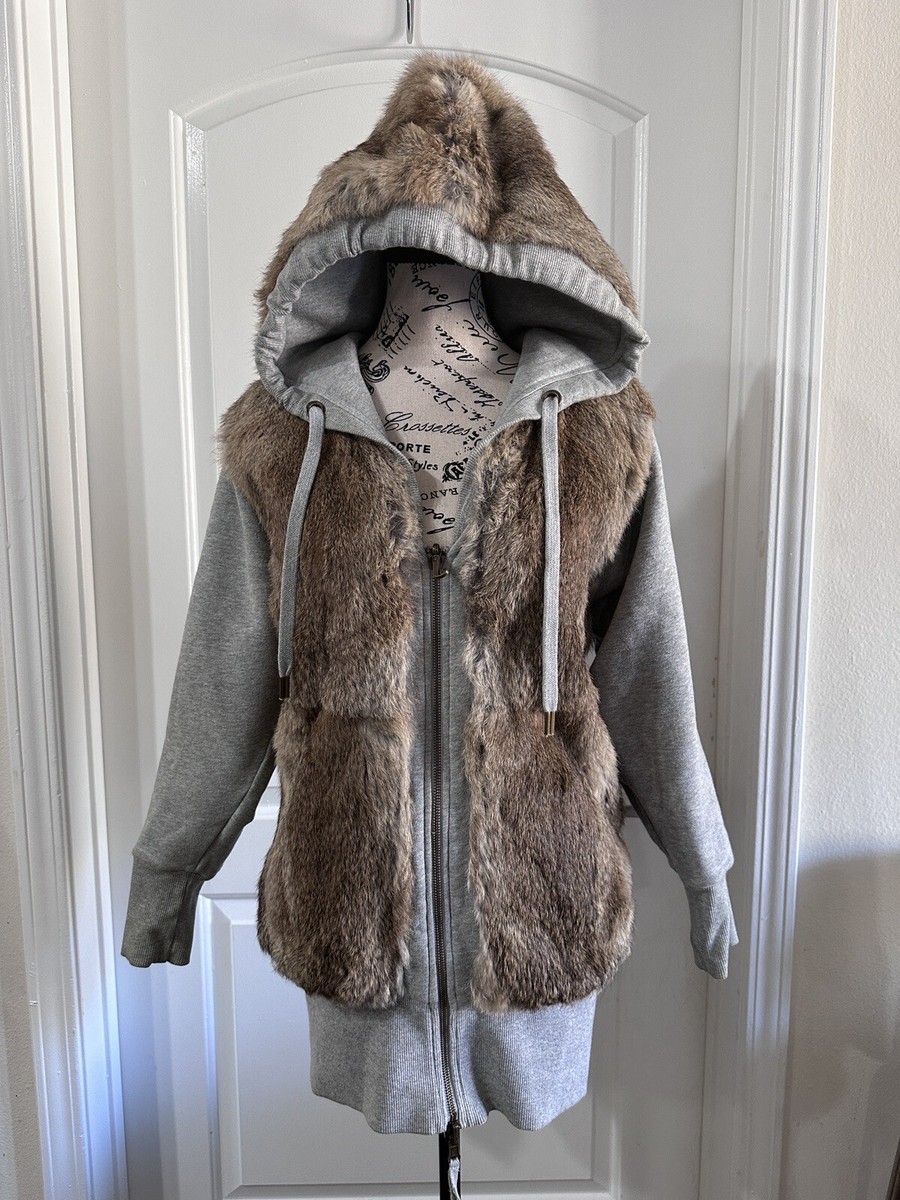Y2K Rare Juicy Couture Grey Zip Up Hoodie With Genuine Rabbit Fur 