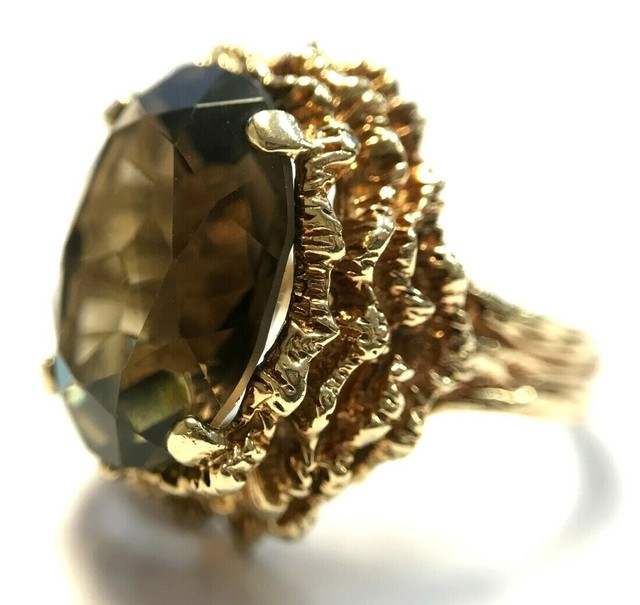 Vintage 10K Yellow Gold Oval Smoky Quartz Statement Ring Size 6, 8.7