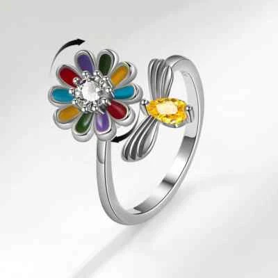 Damen Ring 925 Silber plattiert rotierende Blume Biene Kristall Frauenring offen - Bild 1 von 4