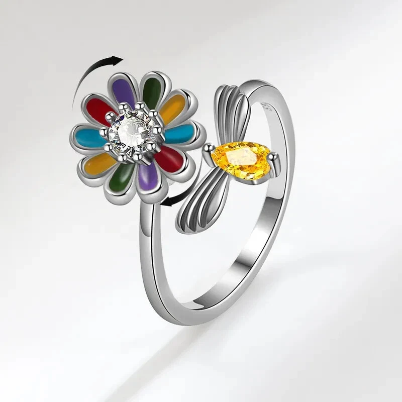 Damen Ring 925 Silber plattiert rotierende Blume Biene Kristall Frauenring offen - Bild 1 von 4