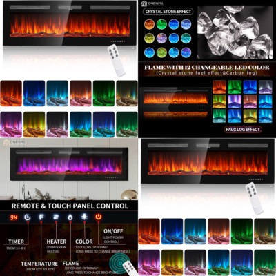 Recessed Wall Mounted Electric Fireplace 60'' Ultra Thin Warmer Colorful Flame