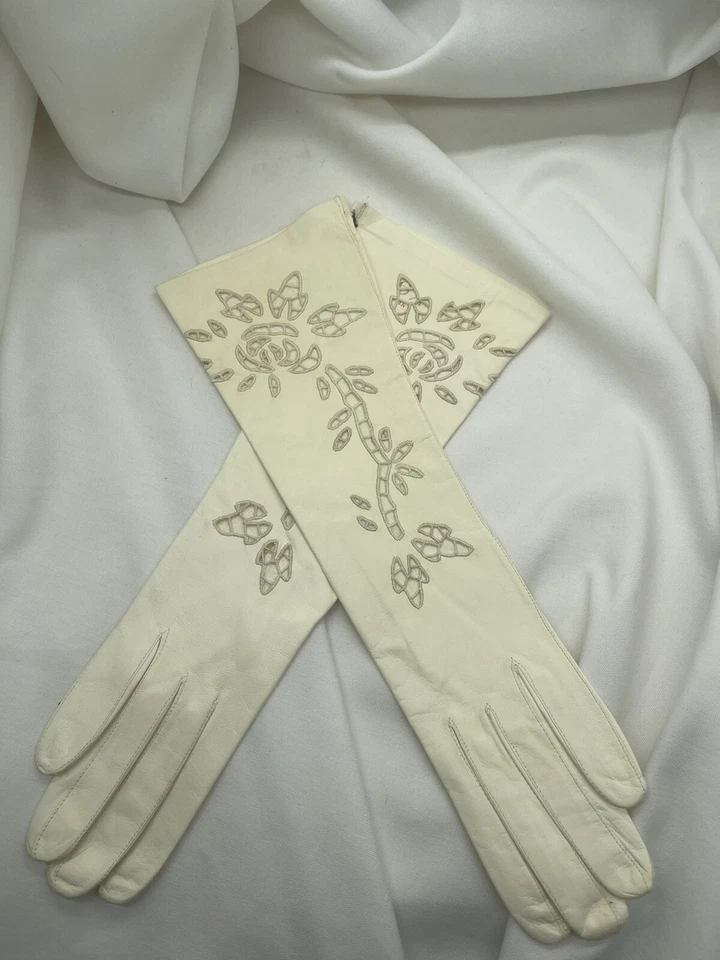 Guantes Capretto Lavabile Largos Italianos Vintage Talla 6.25" Cuero Marfil Ojales Foto 3 de 4