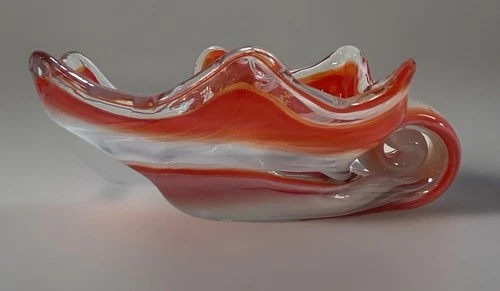 Vintage Murano Style Hand Blown Streached Cornucopia  Bowl  Curved End Art Glass