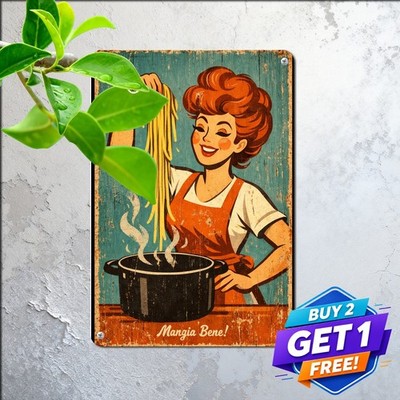 Female Chef Spaghetti Italian Dining Tin Sign Retro Kitchen Cafe Metal Plaque