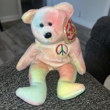 Ty Beanie Baby Peace Bear 1996 Multicolor Tye Dye with Tag Protector DOB 2/1/96