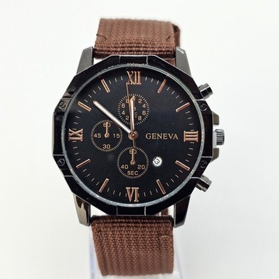 Men's Watch 42MM Black Dial Black Case Brown Canvas Band Straps Date Indicator