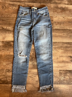 Women's Size 7/27 KanCan Skinny Ripped Blue Jeans Mid Rise Raw Hem Faded Ankle