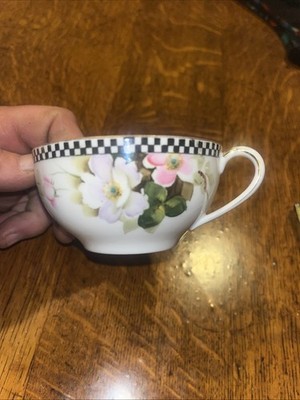 Noritake Tea Cups Floral Pattern Black and White Checked Rim