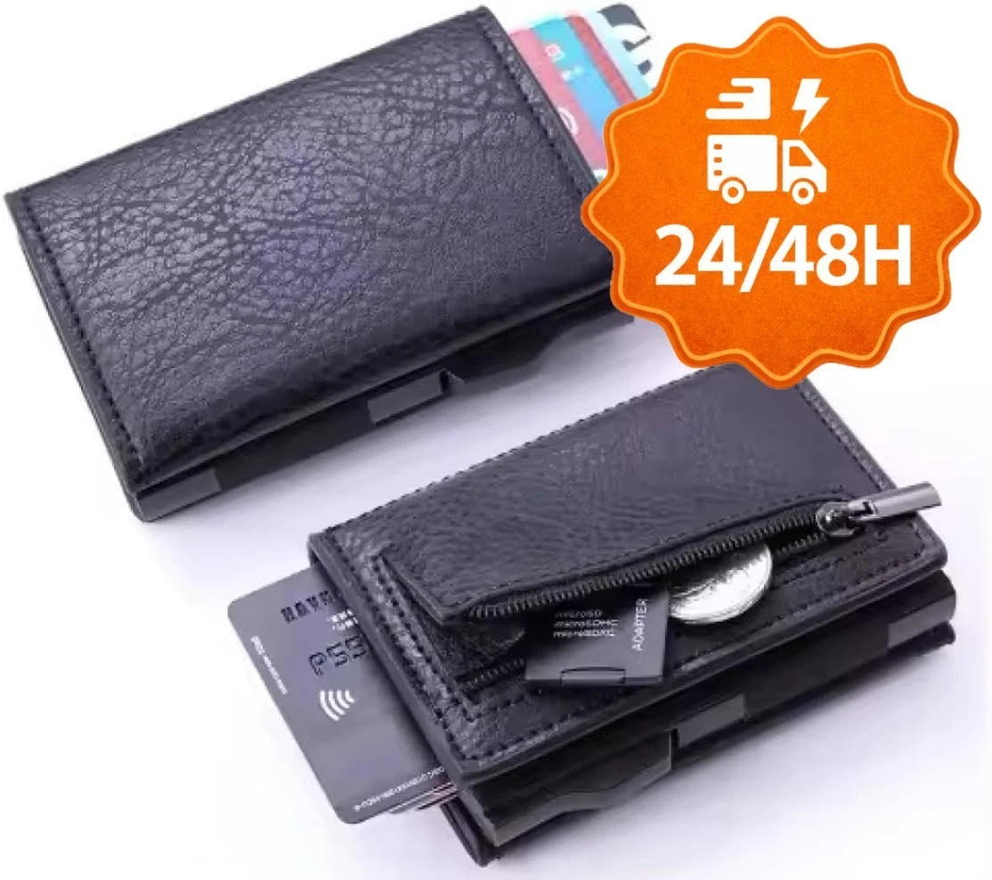 FEYNSINN BERLIN Porta Tessere RIGA In Vera Pelle | Portafoglio Sottile 8x12 Cm | Fatto A Mano Nero | Uomo Donna