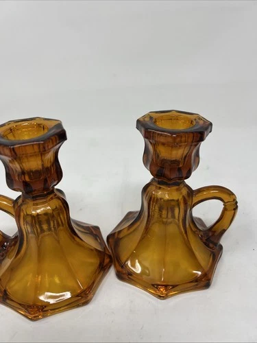 Vintage Anchor Hocking Candle Holder Amber Glass Octagon Base Set Of 2