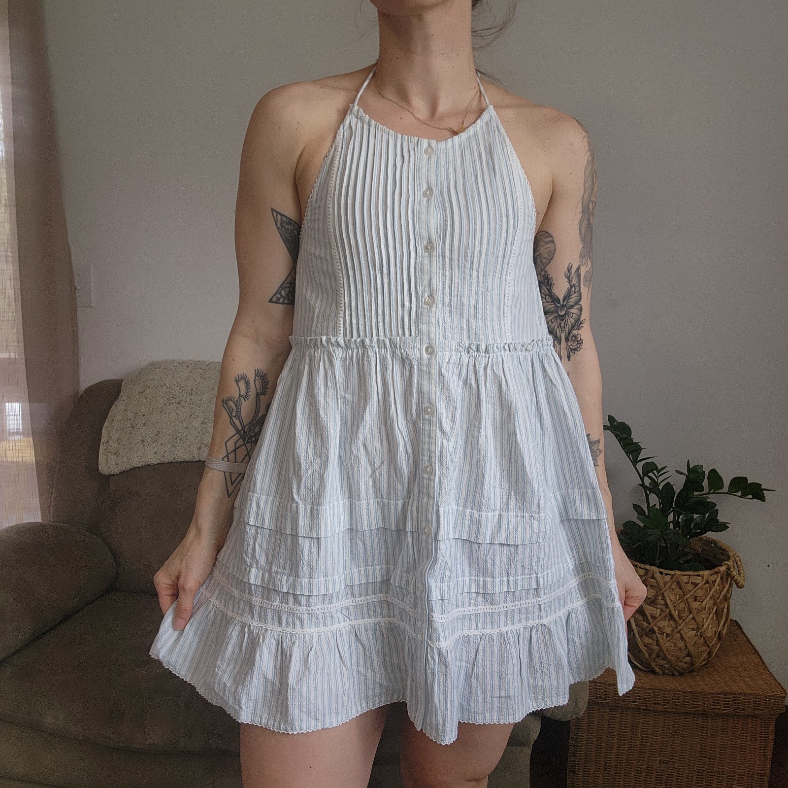 Free People Desert Days Blue Ans White Striped Halter Dress Size Small NWT Boho