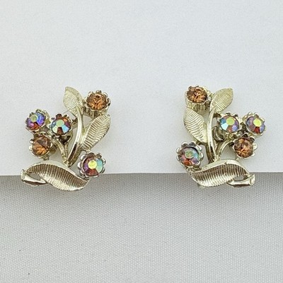 Vintage ''STAR'' signed Amber & AB Rhinestone Gold-toned Clip Earrings