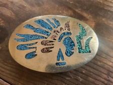 Vtg Ethnic Alpaca Silver Inlaid Crushed Turquoise Indian Head Belt Buckle Wear