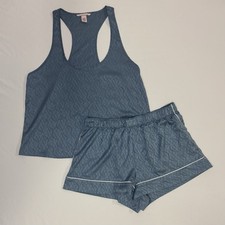 Victoria  s Secret Satin Pajama Set Tank Shorts Blue Monogram Size M