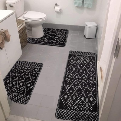 Bathroom Rugs Sets 3 Piece Boho Bathroom Runner with U-Shaped Toilet Rug Non-...
