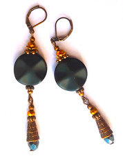 BLACK COIN  COPPER crystal LONG dangle earring LEVERBACK handmade N25