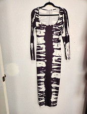 Women's Black/White Abstract Dress Stretch Bodycon Long Sleeve Square Neck S