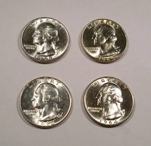 LOT OF 4 BU WASHINGTON QUARTERS 1959-D 1960-D 1962 1964-D 0.7233 oz SILVER 25c