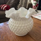 Vintage Fenton White Milk Glass Footed Hobnail Ruffled Edge Ball Vase