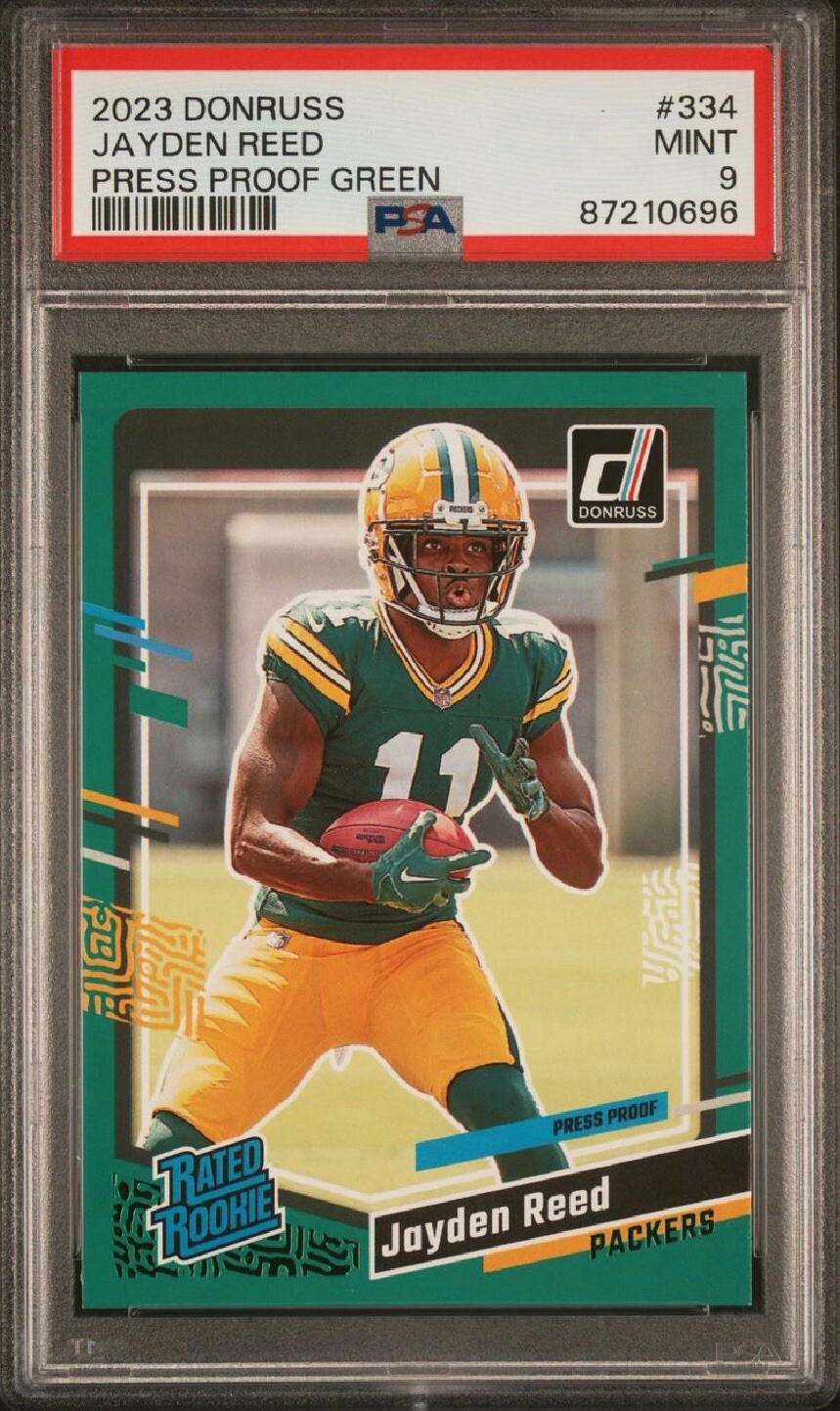 Jayden Reed RC 2023 Donruss Rated Rookie #334 Press Proof Green PSA 9 ColorMatch