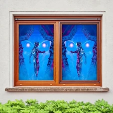 3D Blue Space O2420 Window Film Print Sticker Cling Stained Glass UV Block Fa