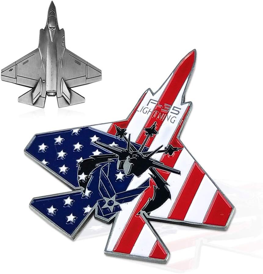 Limited Edition F-35 Fighter Jet Challenge Coin - USA Flag Design Antique Silver