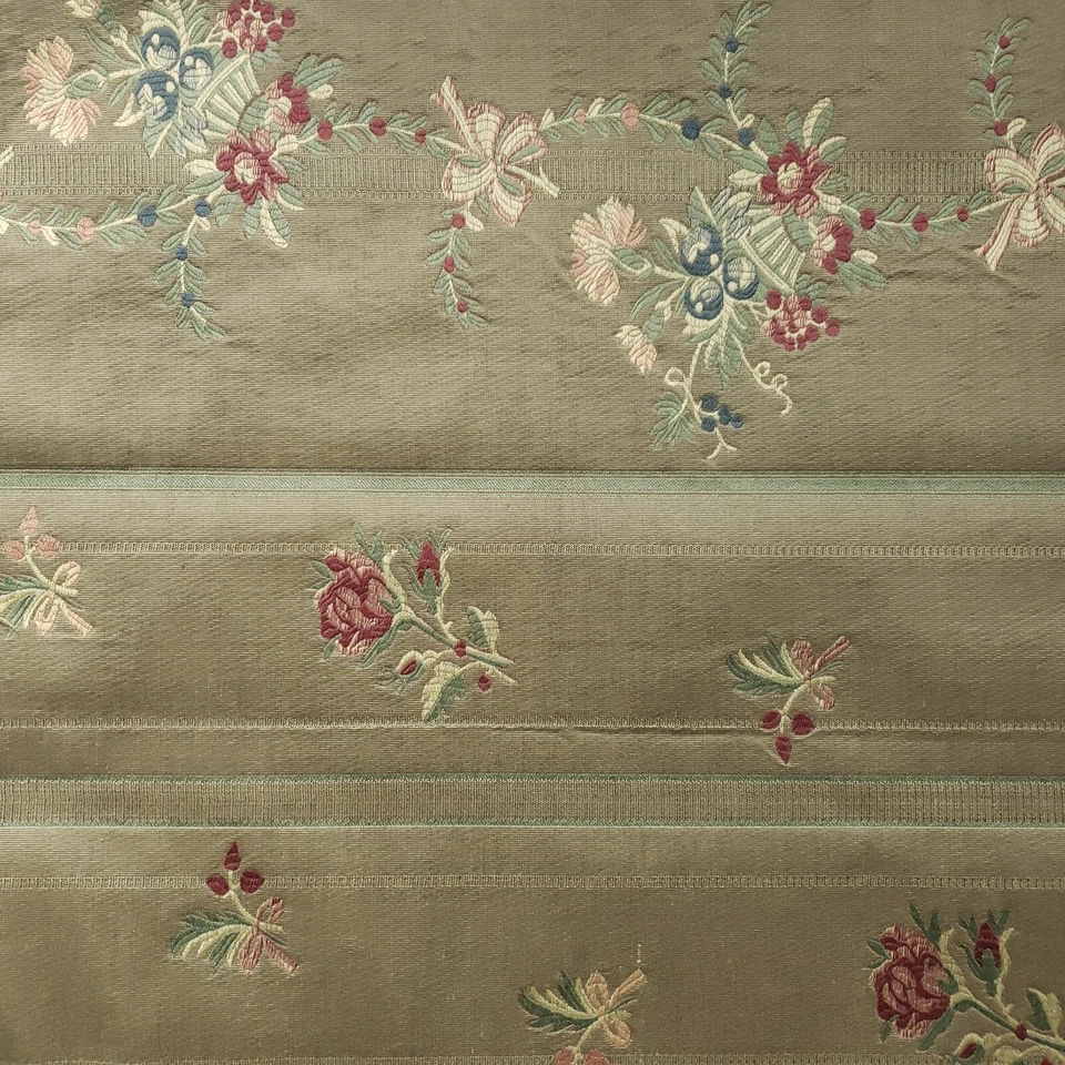 Vintage Olive French Stripe Floral 100% Cotton Upholstery Fabric 50" B/T Yard - Image 2 of 4