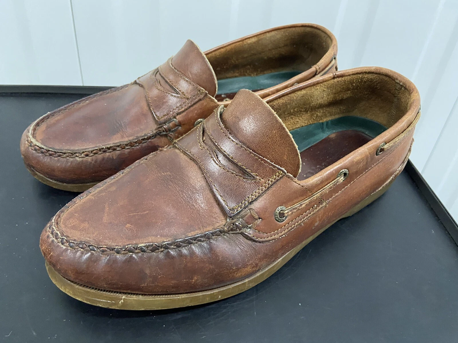 Clarks mocassini in pelle marrone scarpe da barca vintage ponte UK 9 G