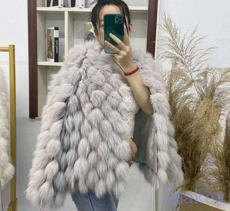 Real Fashion Fox Fur Furry Womens V Neck Winter Warm Short Coat Outwear One Size - Imagem 4 de 4