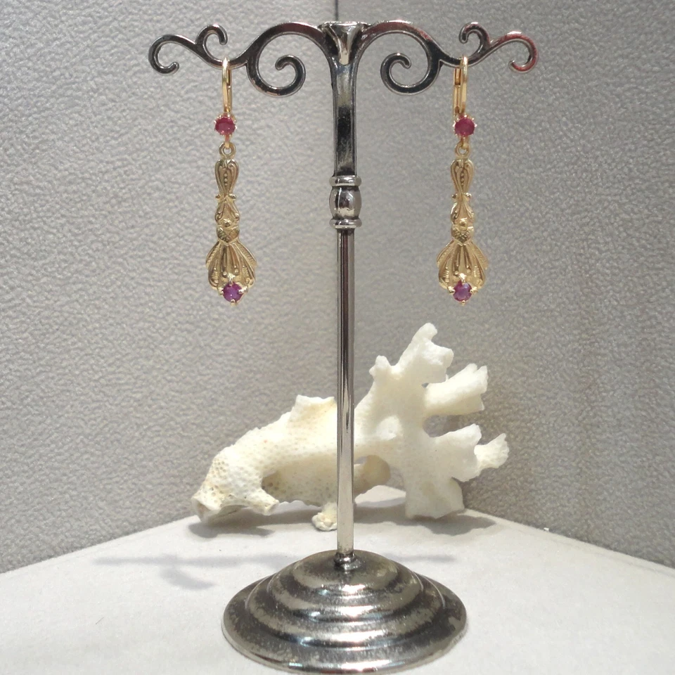 Jugendstil Schmuck Rubin Ohrringe Ohrhänger Vintage Silber 925/- gelb vergoldet - Bild 4 von 4