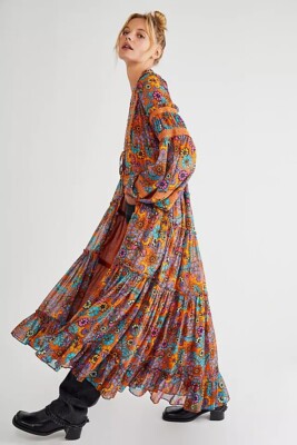 Cassis Printed Chiffon Dress at Free People in Brown, Size: Xs